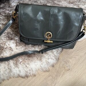 J. Crew Gray Patent Leather Shoulder Bag with Gold Accents